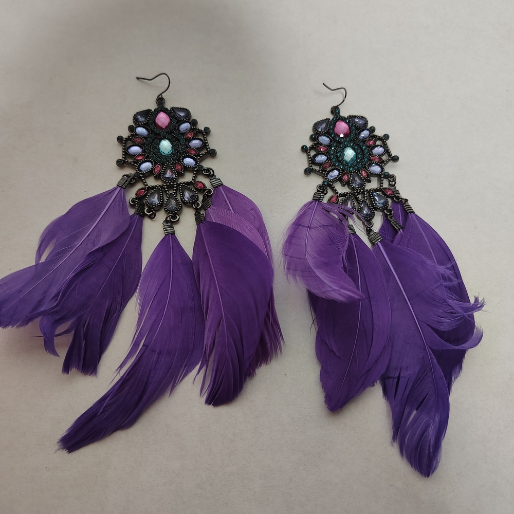 Bohemian Boho Purple Feather Stone Dangle Drop Ethnic Long Hook Earrings